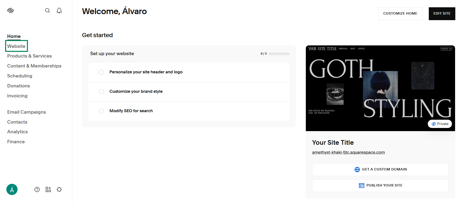Squarespace click Website